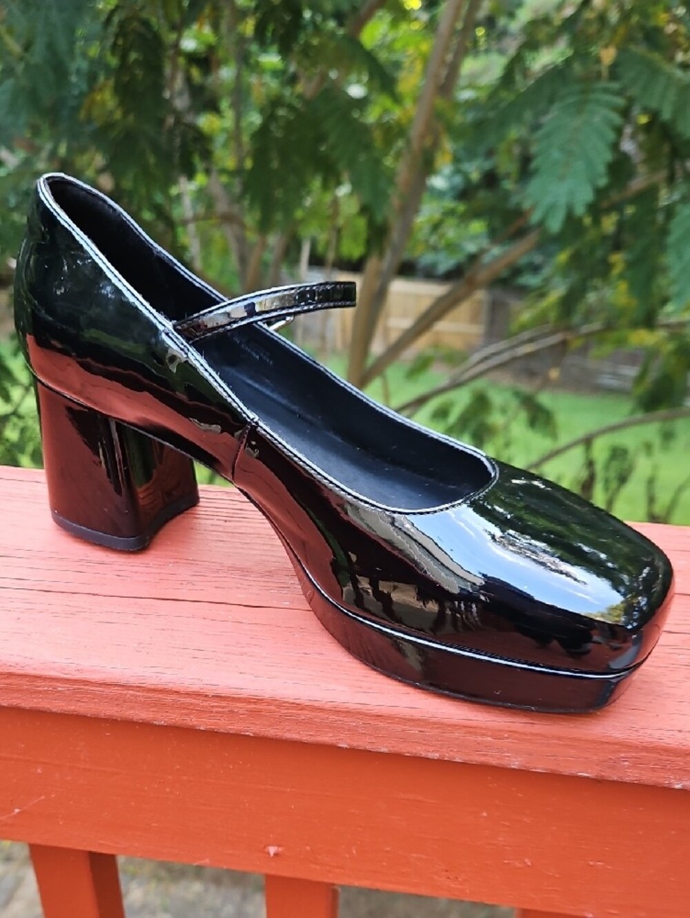AEROSOLES SHANNON Black Patent  Mary Jane Platform Block Heels  Size 9W - Picture 3 of 17